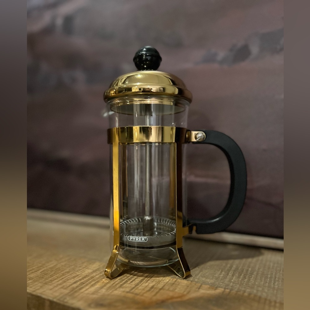 Vintage Brass / Gold Tone Pyrex Glass French Press Retro Coffee